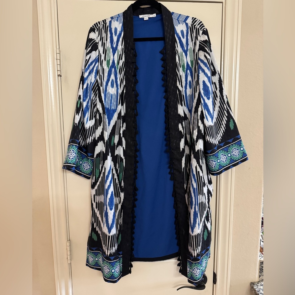 Chicos Bordered Tassel Ikat Kimono